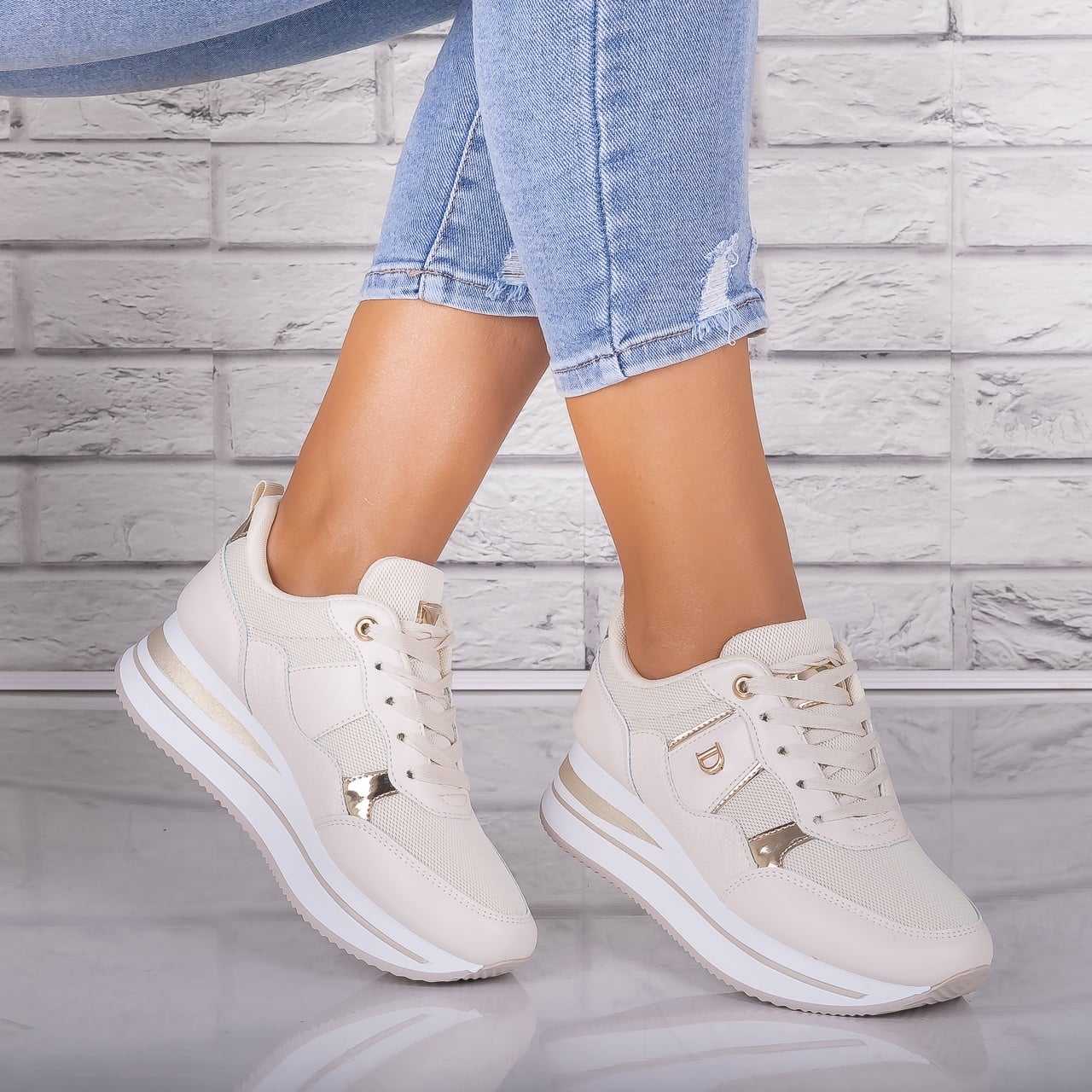 Adidasi dama Bej din Piele Eco/ Textil Anina - poza 1