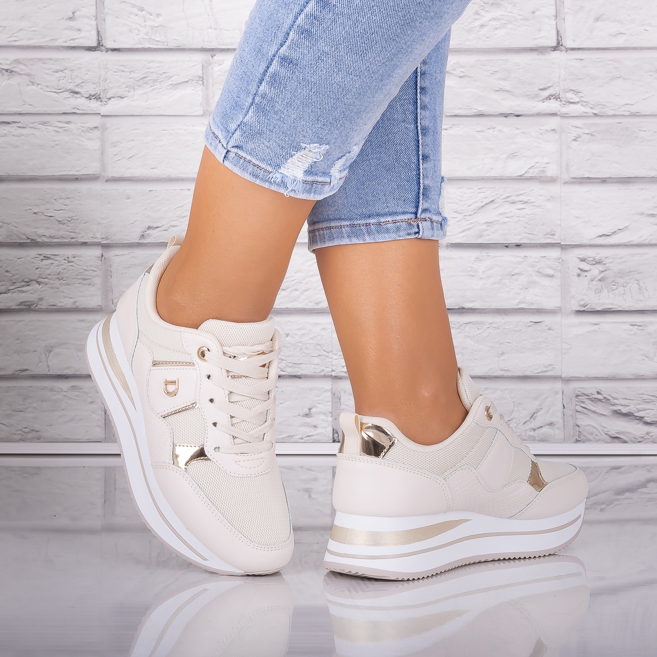 Adidasi dama Bej din Piele Eco/ Textil Anina - poza 2