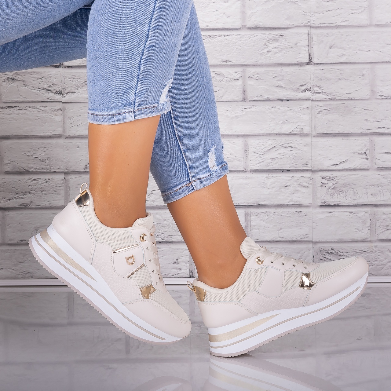 Adidasi dama Bej din Piele Eco/ Textil Anina - poza 3