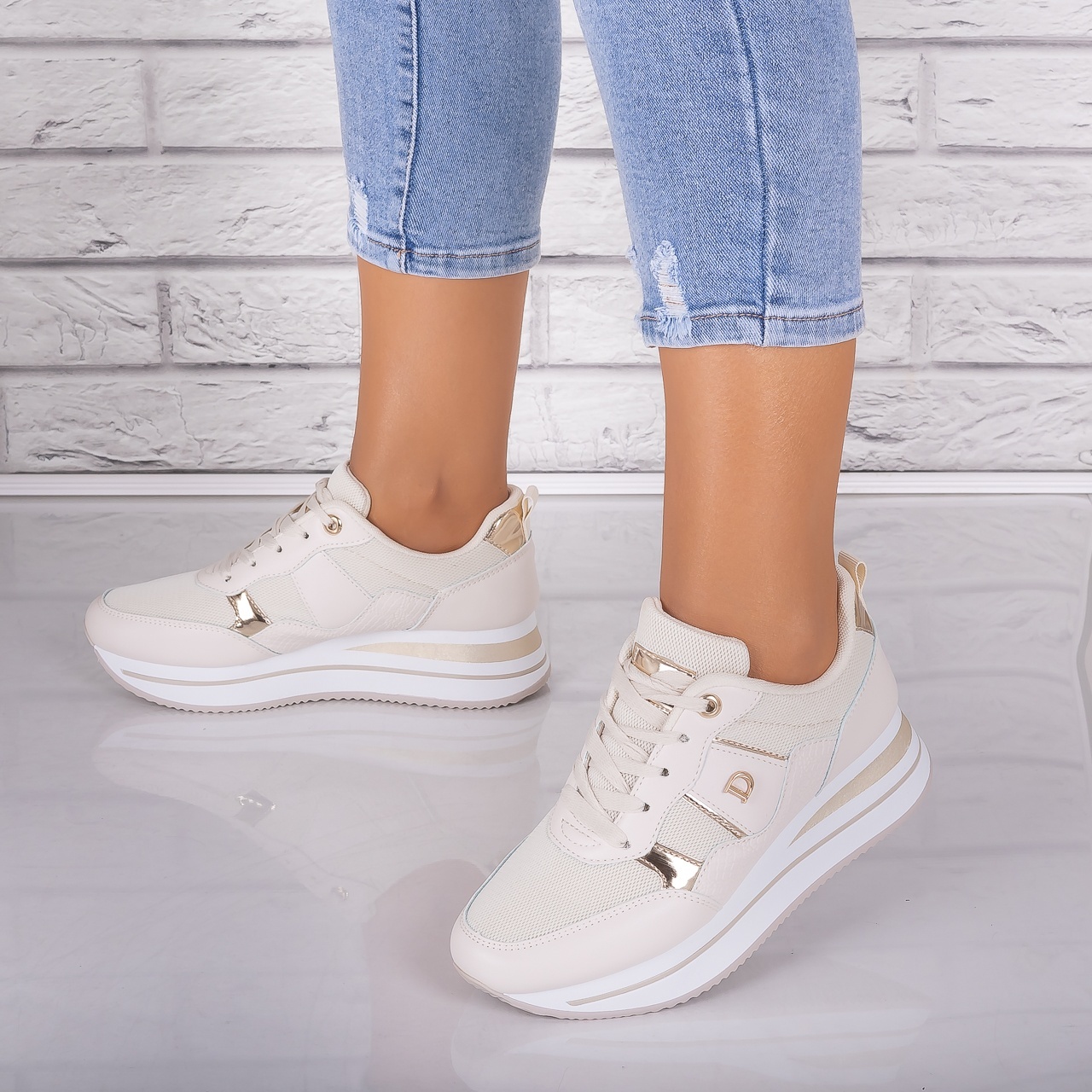 Adidasi dama Bej din Piele Eco/ Textil Anina - poza 4