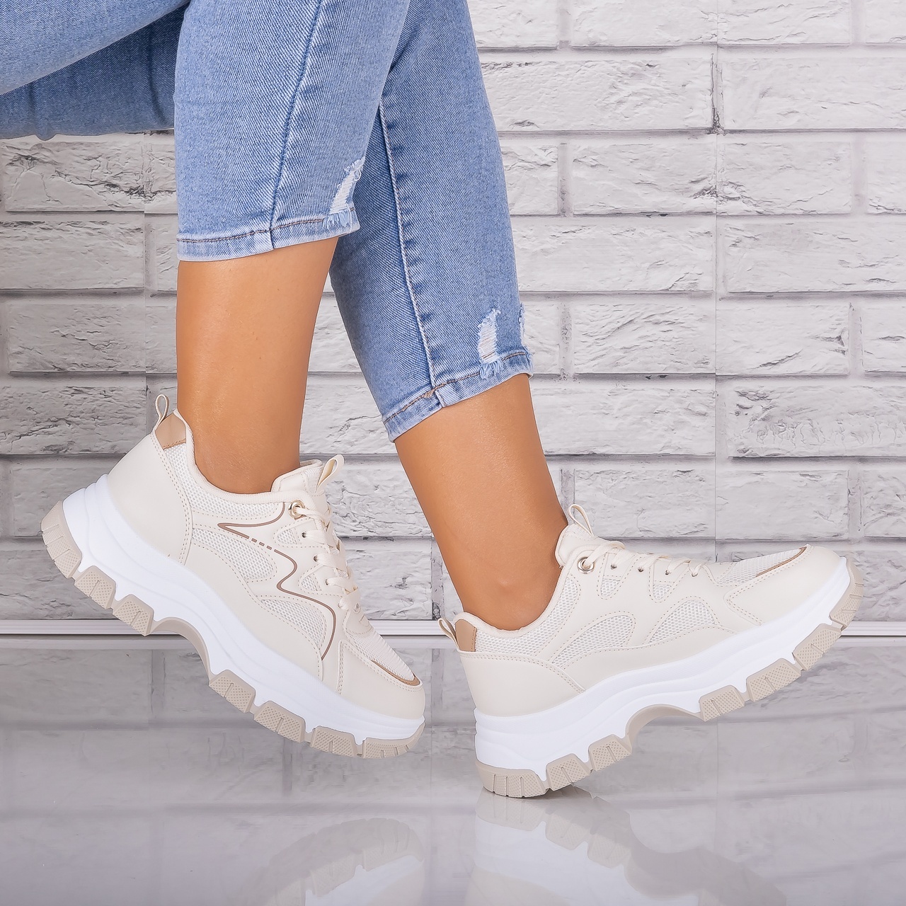 Adidasi dama Bej din Piele Eco/ Textil Arleta - poza 2