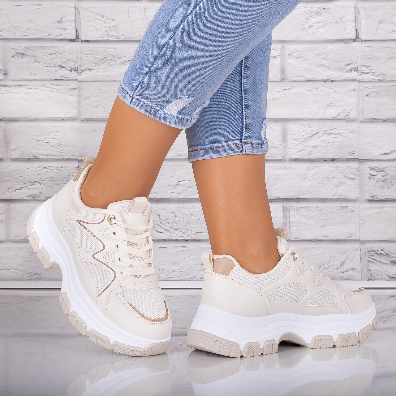 Adidasi dama Bej din Piele Eco/ Textil Arleta - poza 3
