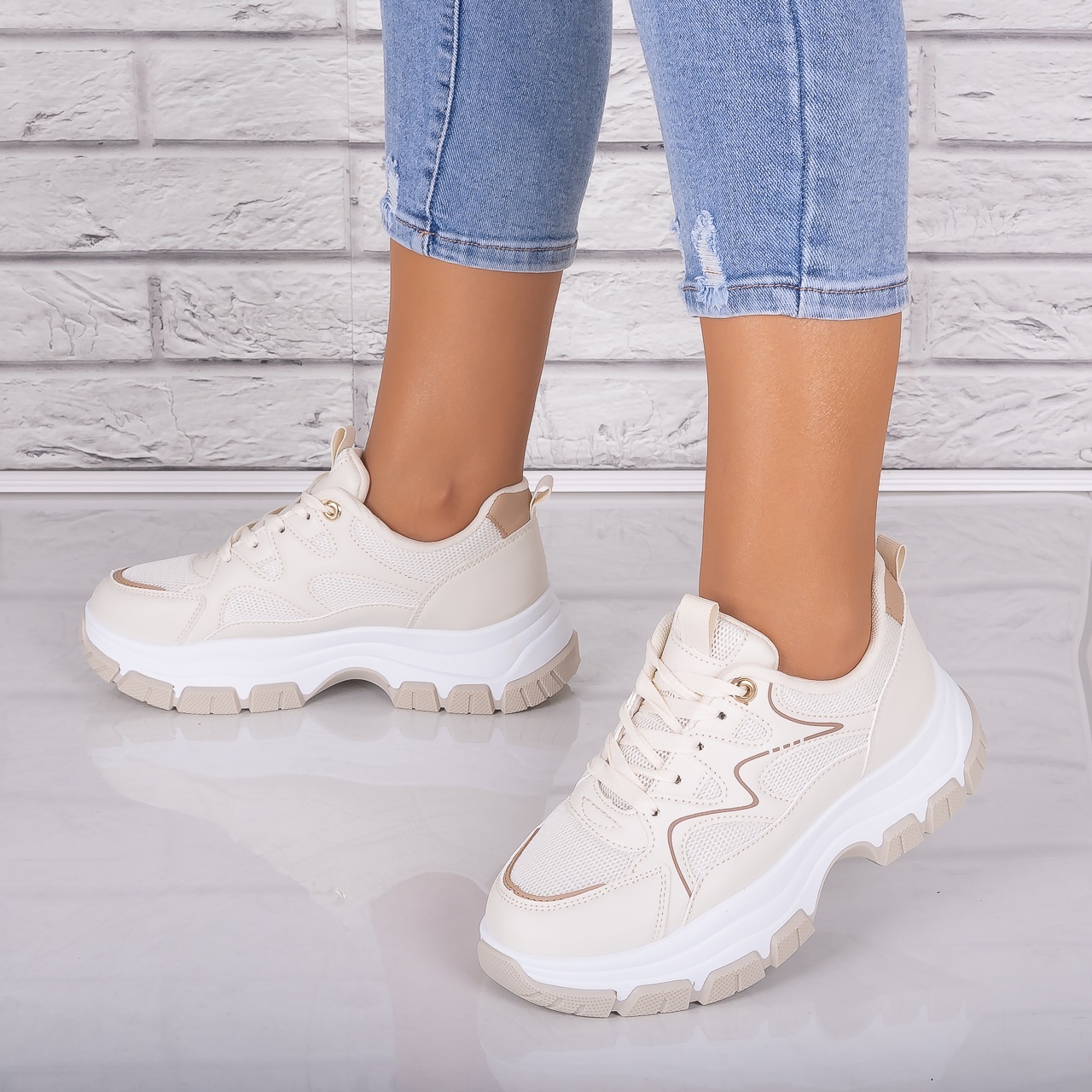 Adidasi dama Bej din Piele Eco/ Textil Arleta - poza 4