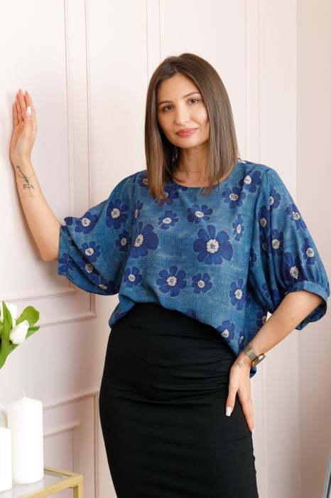 Bluza albastra cu imprimeu floral bleumarin Harper plus size