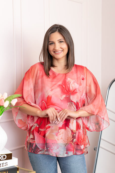 Bluza dama eleganta Shirley corai din voal cu imprimeu floral