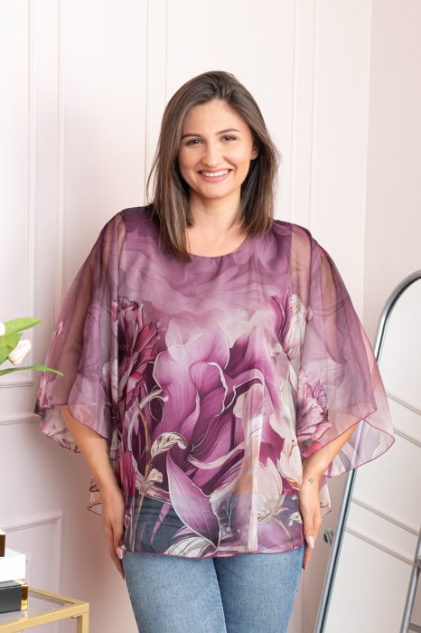Bluza dama eleganta Shirley mov pruna din voal cu imprimeu floral