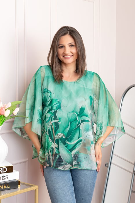 Bluza dama eleganta Shirley verde smarald din voal cu imprimeu floral