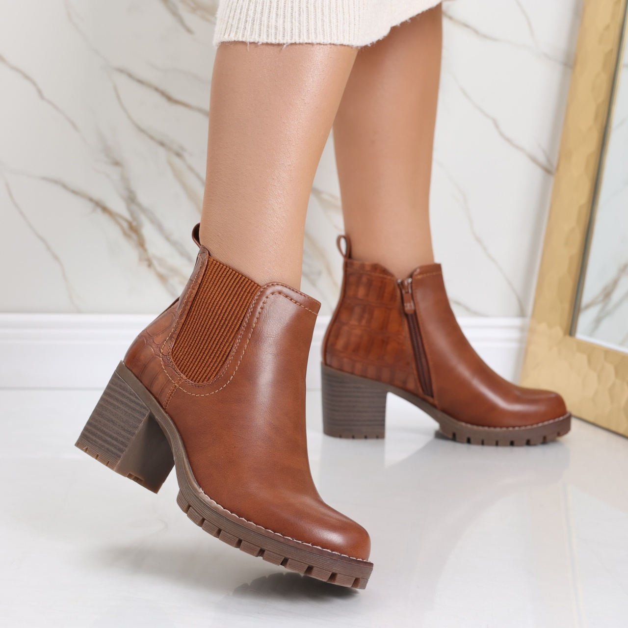 Botine Dama Imblanite Camel din Piele Ecologica Afyfa - poza 2
