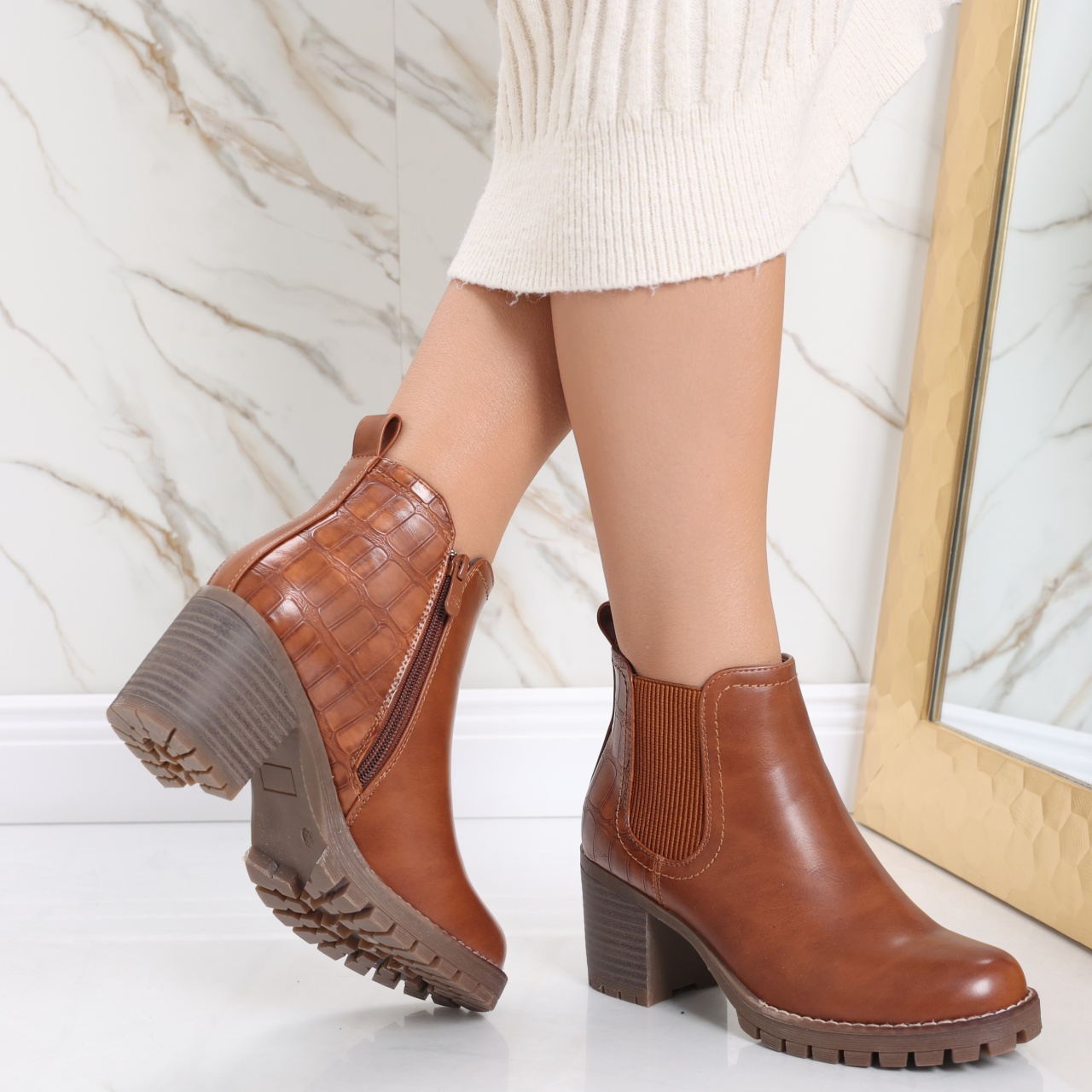 Botine Dama Imblanite Camel din Piele Ecologica Afyfa - poza 5