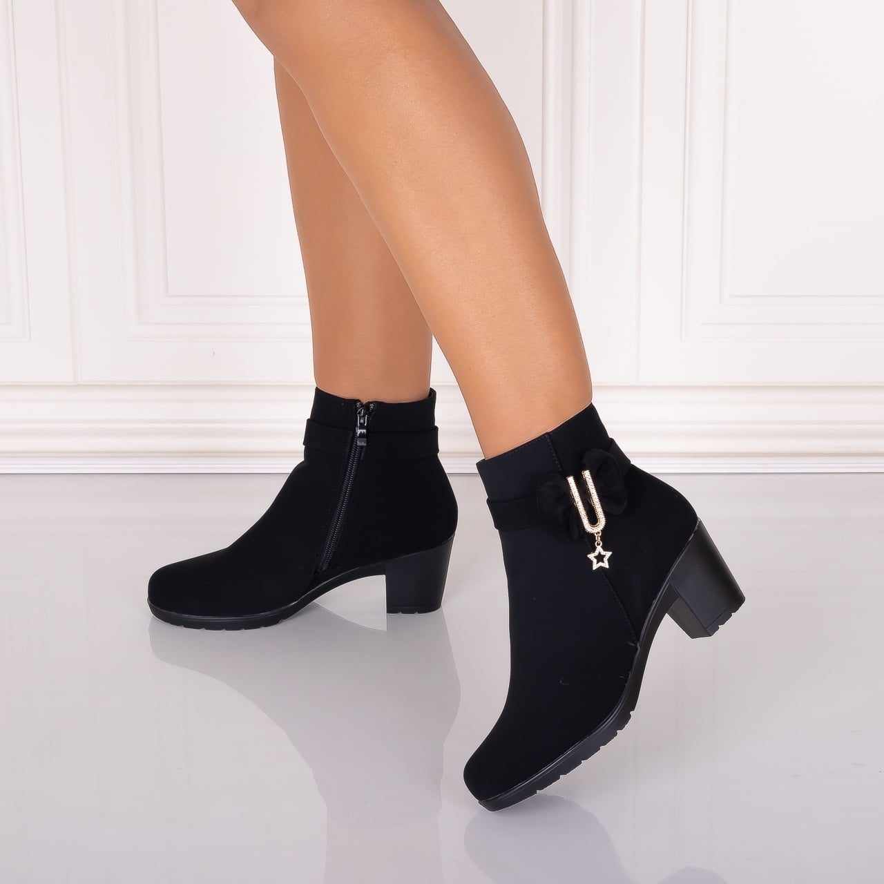 Botine Dama Imblanite cu toc Negre din Piele Ecologica Intoarsa Jomya - poza 1