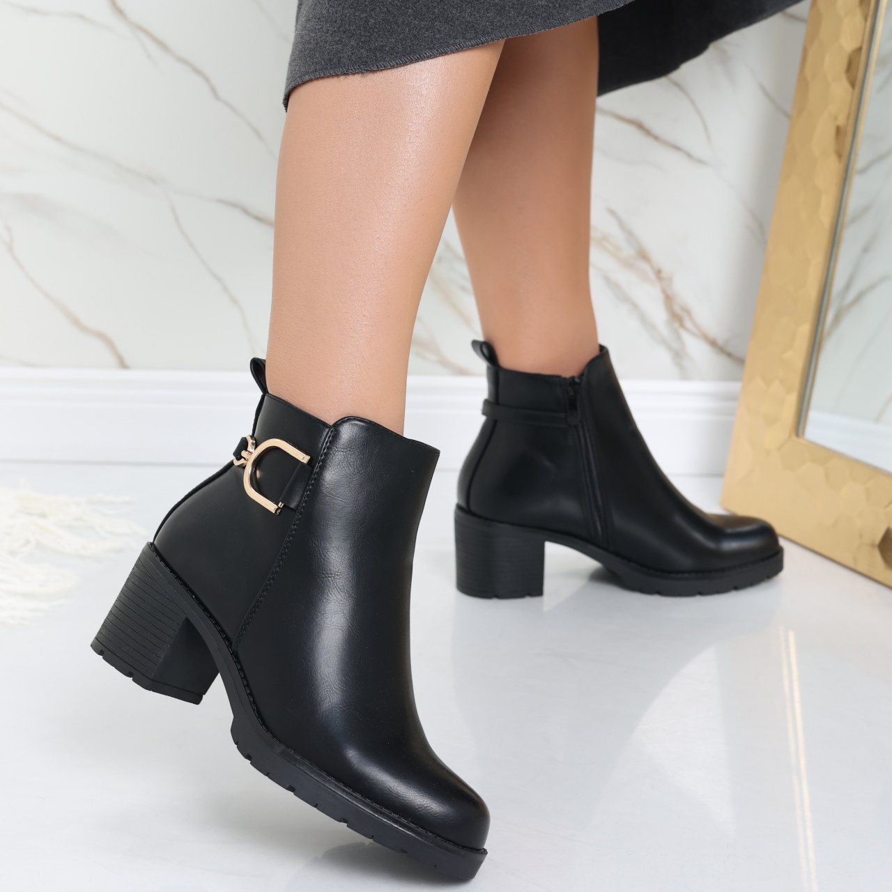 Botine Dama Imblanite Negre din Piele Ecologica Intoarsa Wafika - poza 4