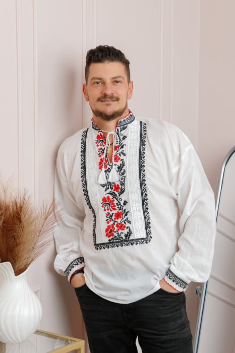 Camasa barbateasca traditionala alba cu motiv floral rosu Sabin