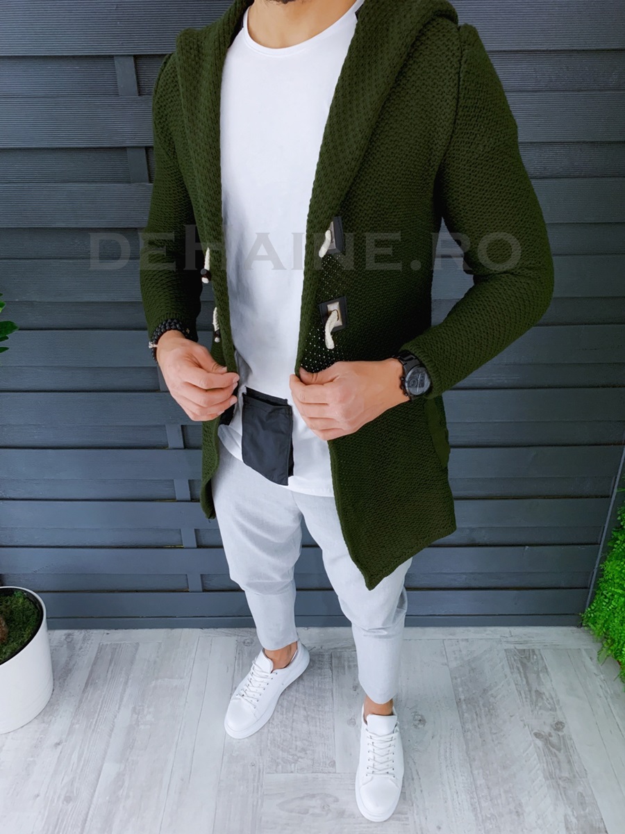Cardigan barbati kaki cu gluga slim fit ZR T3608 P19-1.1