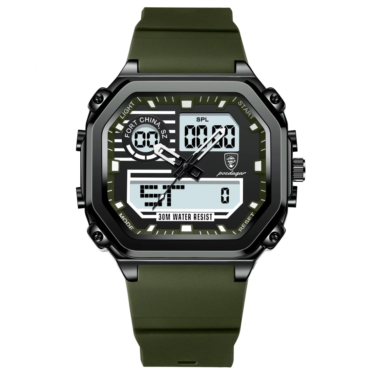 Ceas barbatesc digital Poedagar CS1764, silicon, verde, cadran negru