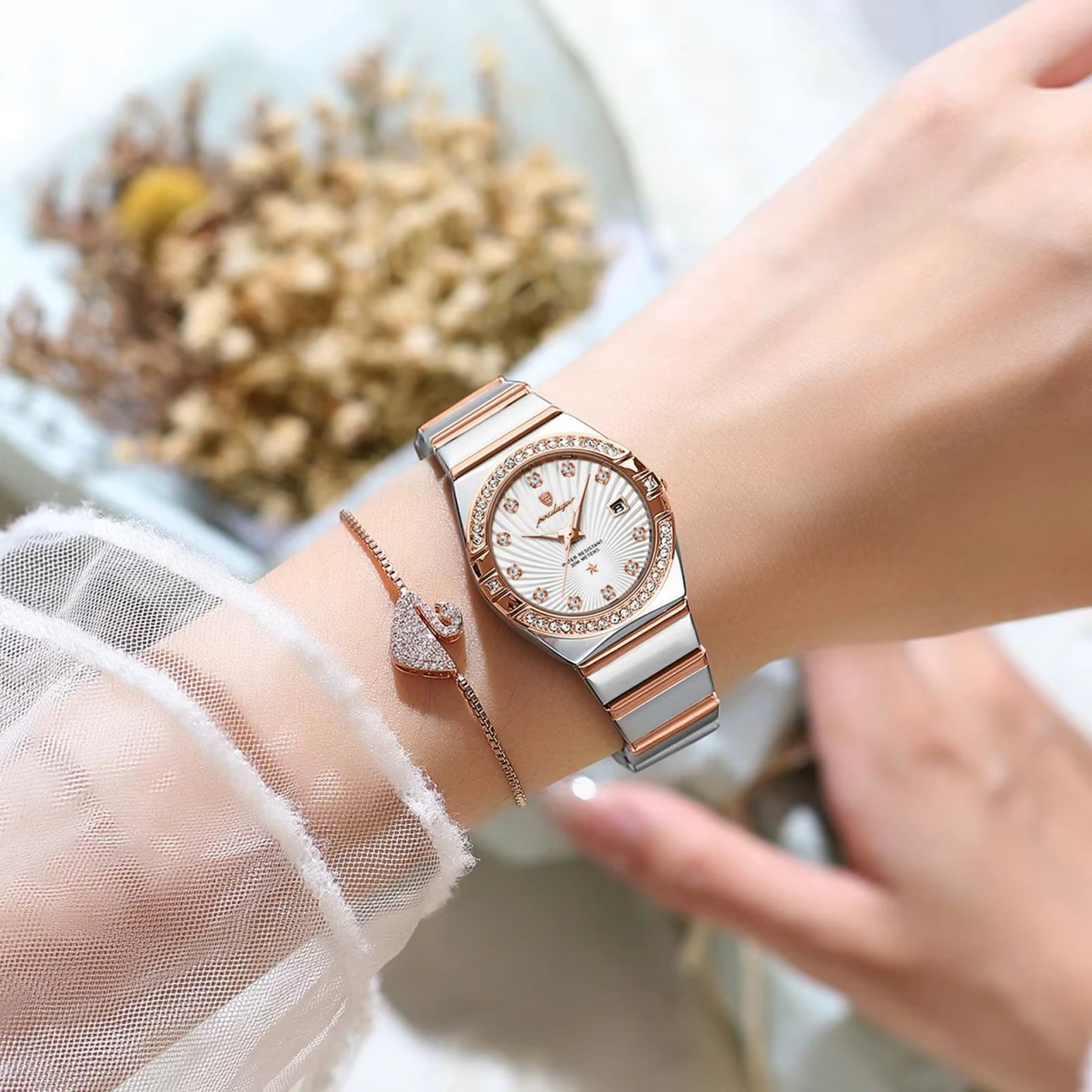 Ceas de dama Poedagar CS1866, otel inoxidabil, argintiu-rose gold, cadran alb - poza 3