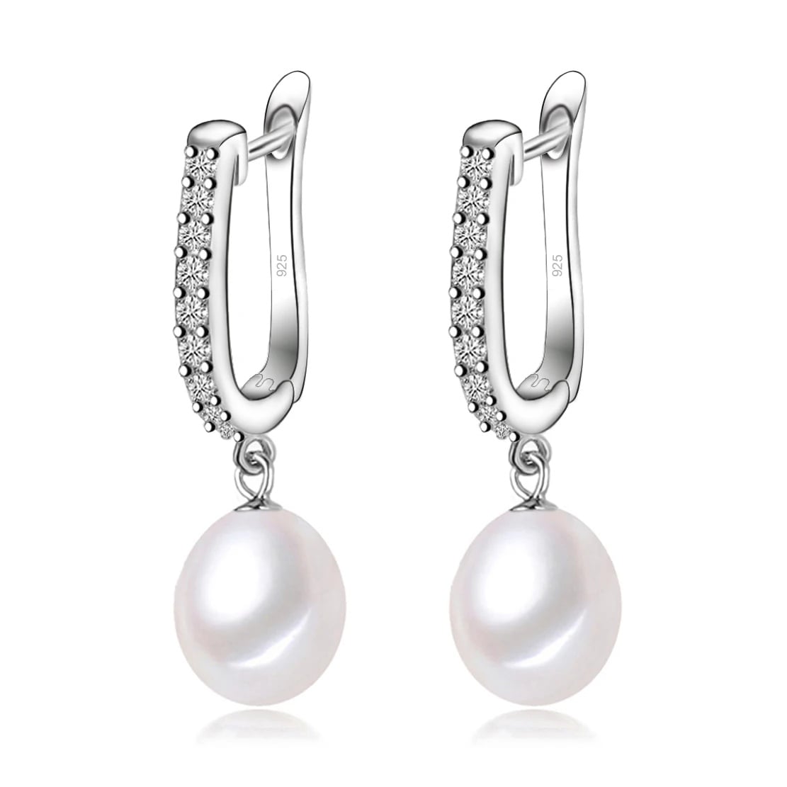 Cercei argint 925, JW1110, model elegant cu perla alba, placati cu rodiu - poza 1