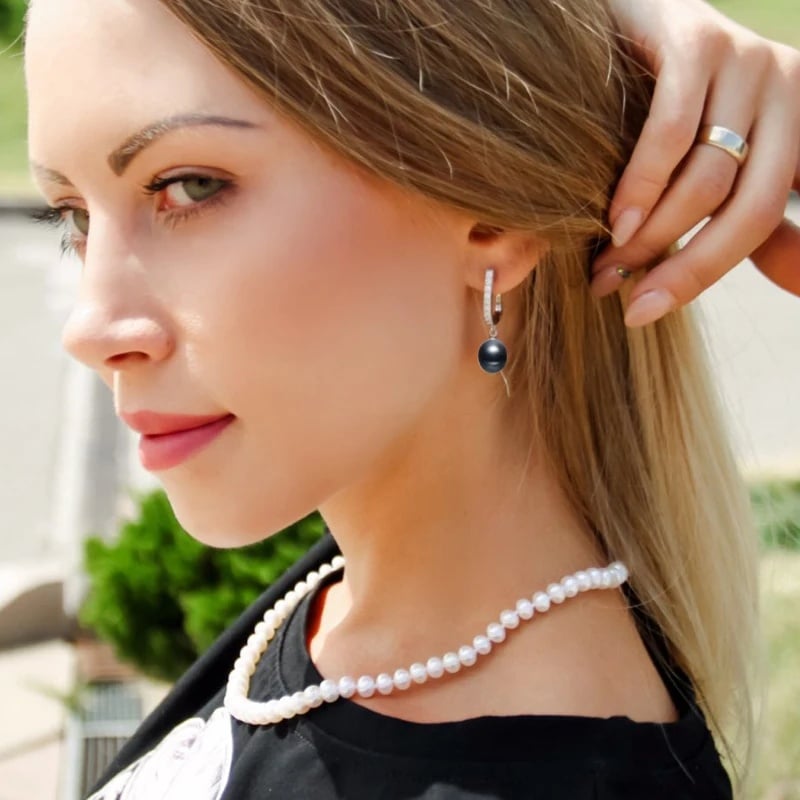 Cercei argint 925, JW1110, model elegant cu perla alba, placati cu rodiu - poza 2