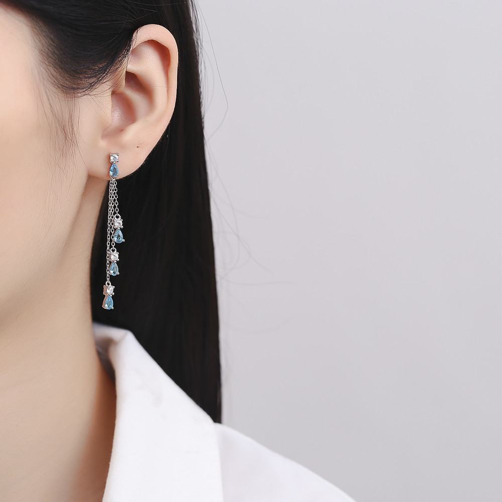 Cercei lungi argint 925, JW863, model elegant albastru, placati cu rodiu - poza 2
