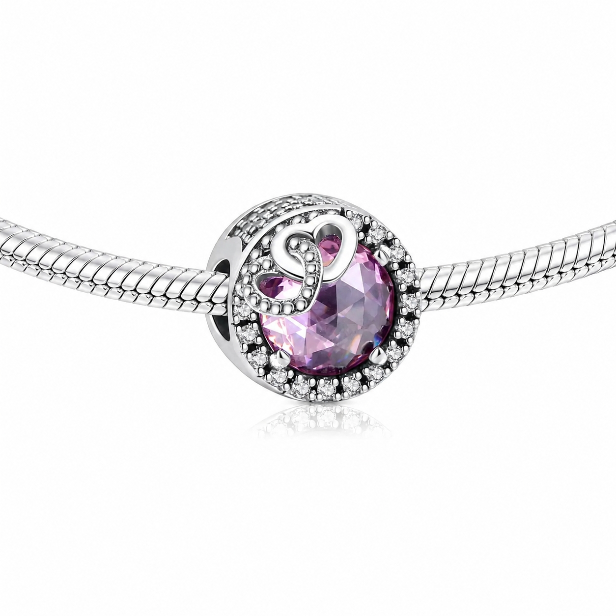 Charm/talisman argint 925, JW1185, model cu piatra roz si inimioare, placat cu rodiu - poza 2