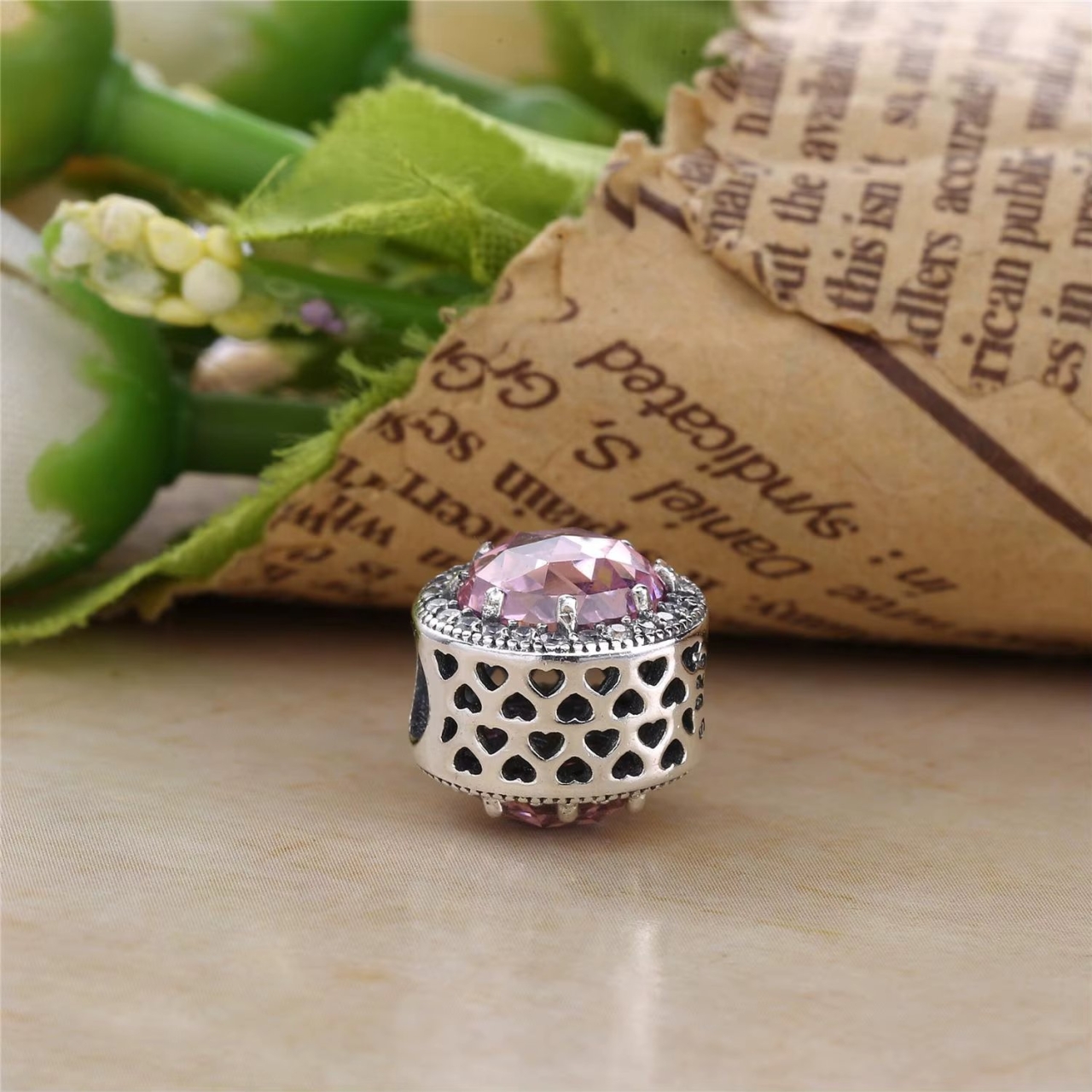 Charm/talisman argint 925, JW1185, model cu piatra roz si inimioare, placat cu rodiu - poza 3
