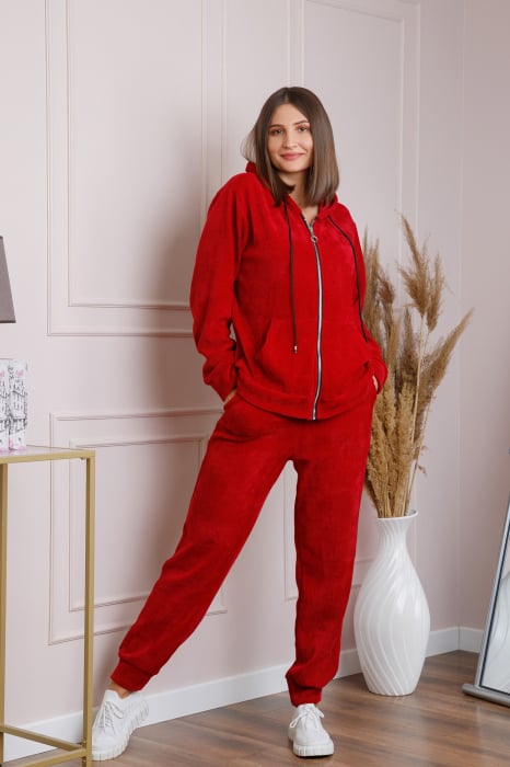 Compleu casual grena cu fermoar si gluga