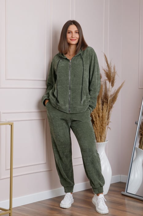 Compleu casual kaki cu fermoar si gluga