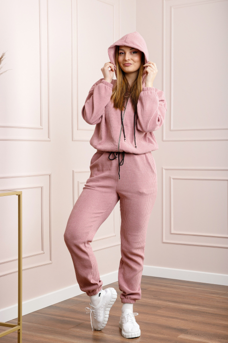 Compleu casual roz pudrat din tricot reiat