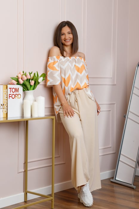 Compleu dama Eleanor cu bluza vaporoasa si pantaloni largi - Crem