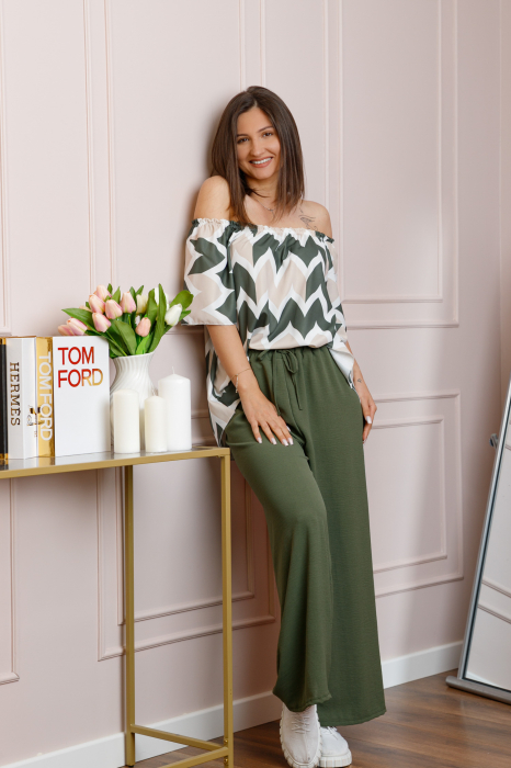 Compleu dama Eleanor cu bluza vaporoasa si pantaloni largi - Kaki