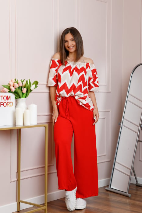 Compleu dama Eleanor cu bluza vaporoasa si pantaloni largi - Rosu