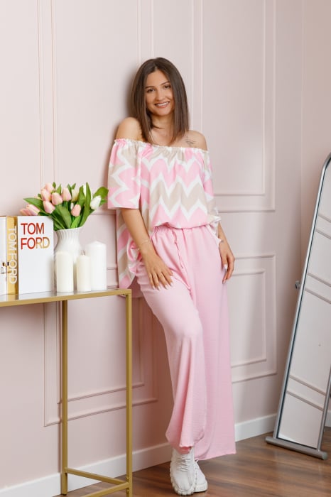 Compleu dama Eleanor cu bluza vaporoasa si pantaloni largi - Roz pastel
