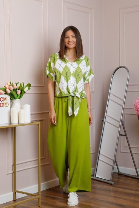 Compleu dama verde lime cu pantaloni largi si bluza cu nod Candice