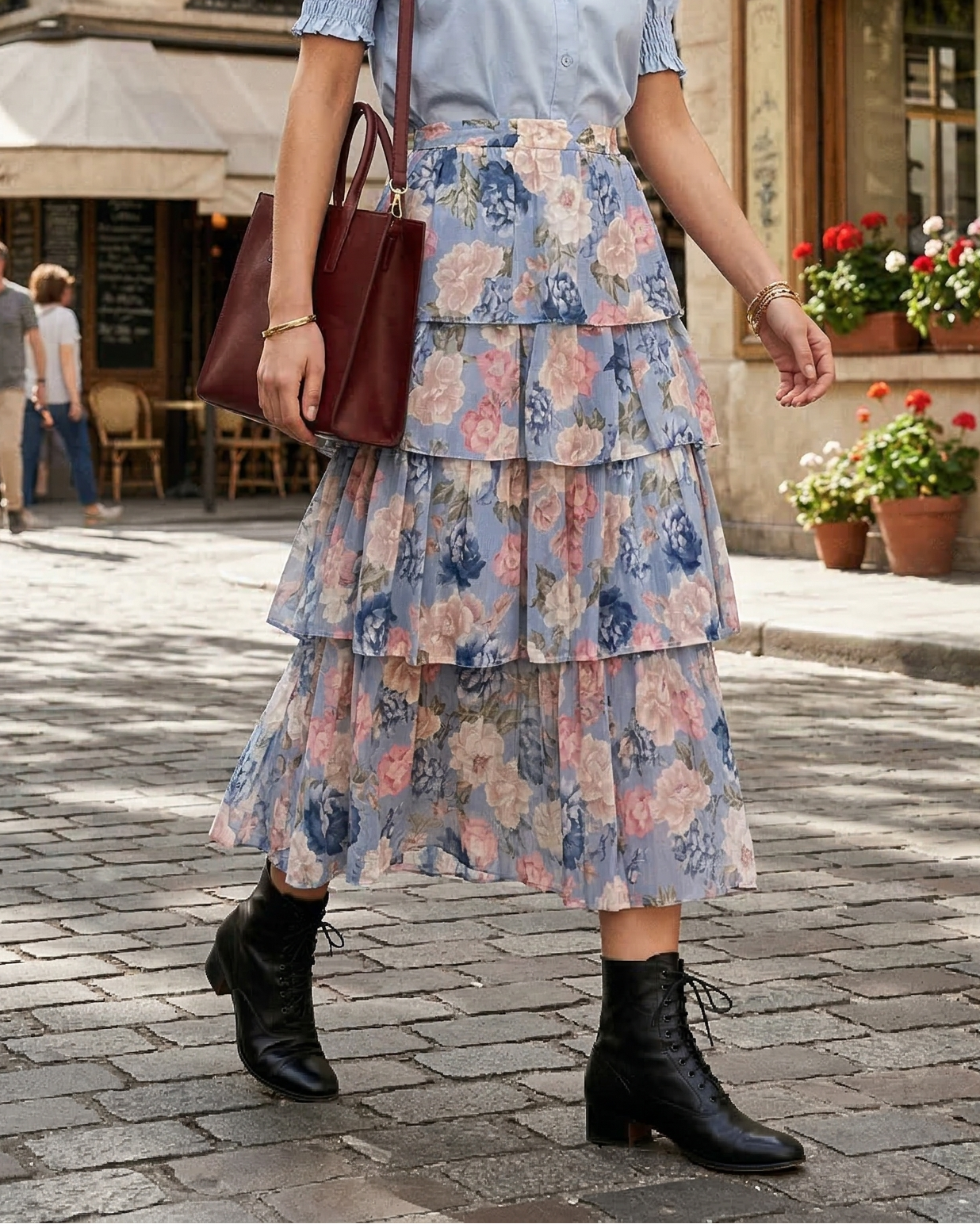 Fustă lungă cu volane și print floral bleu - Unica S-L