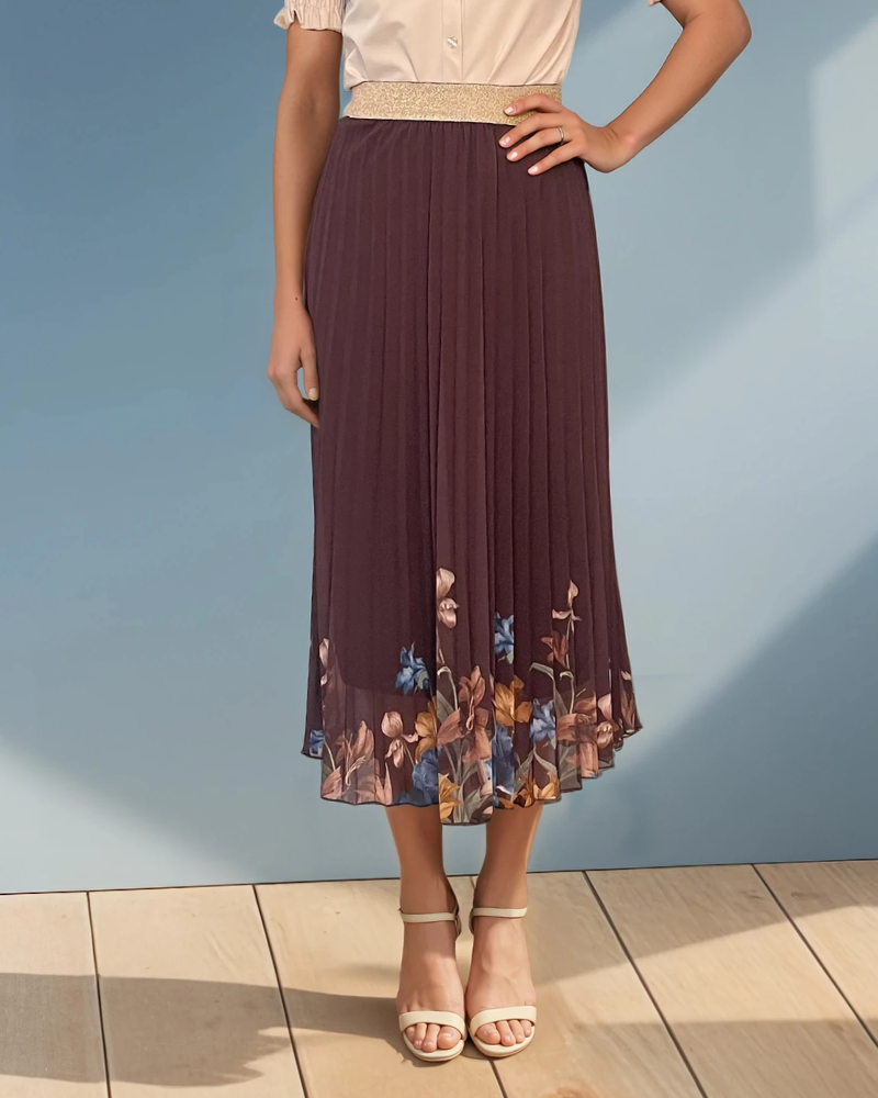 Fustă lungă plisată cu print floral maro - Unica S-L