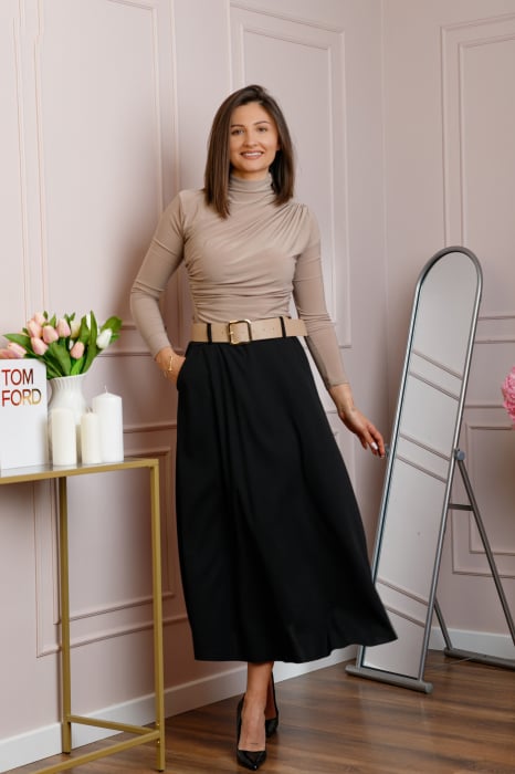 Fusta midi neagra eleganta cu talie inalta si curea reglabila Ivy
