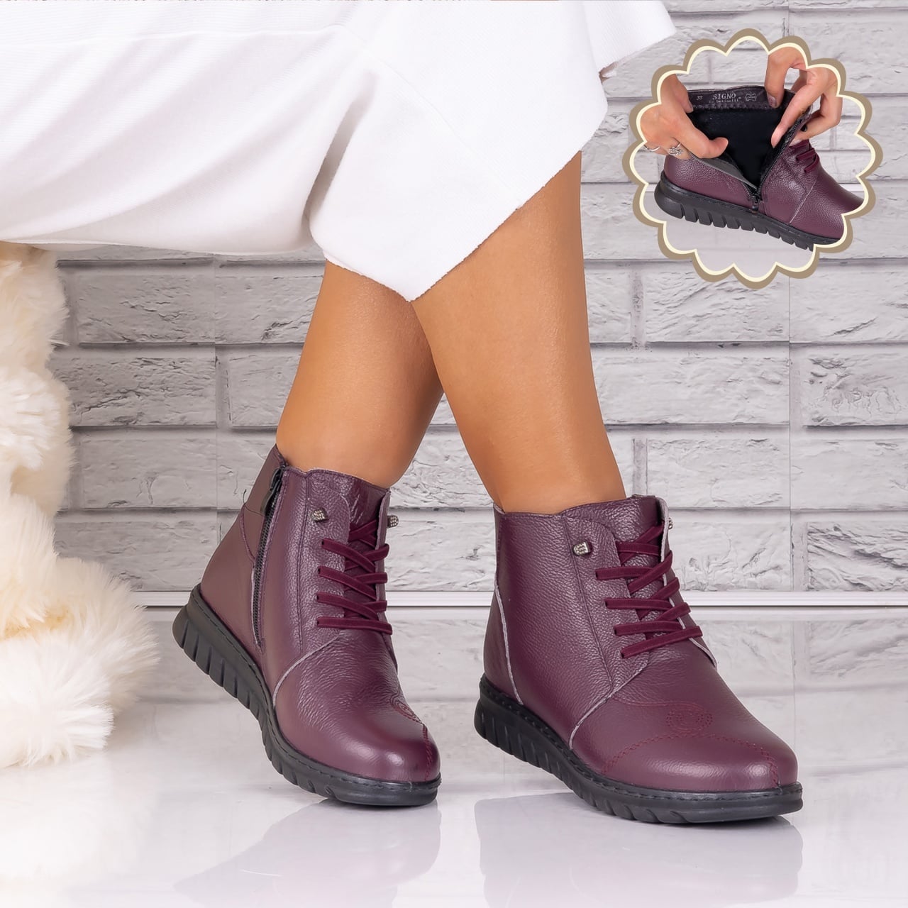 Ghete dama Imblanite Bordo din Piele Naturala Jenny - poza 1