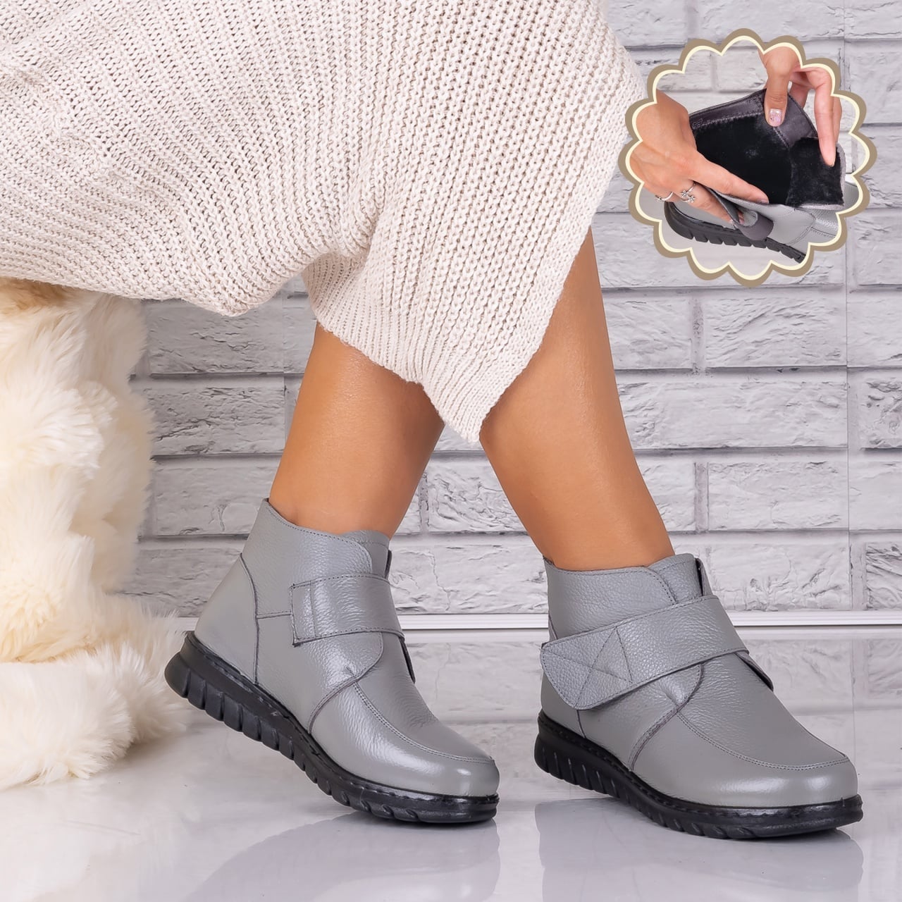 Ghete dama Imblanite Gri din Piele Naturala Beires - poza 1