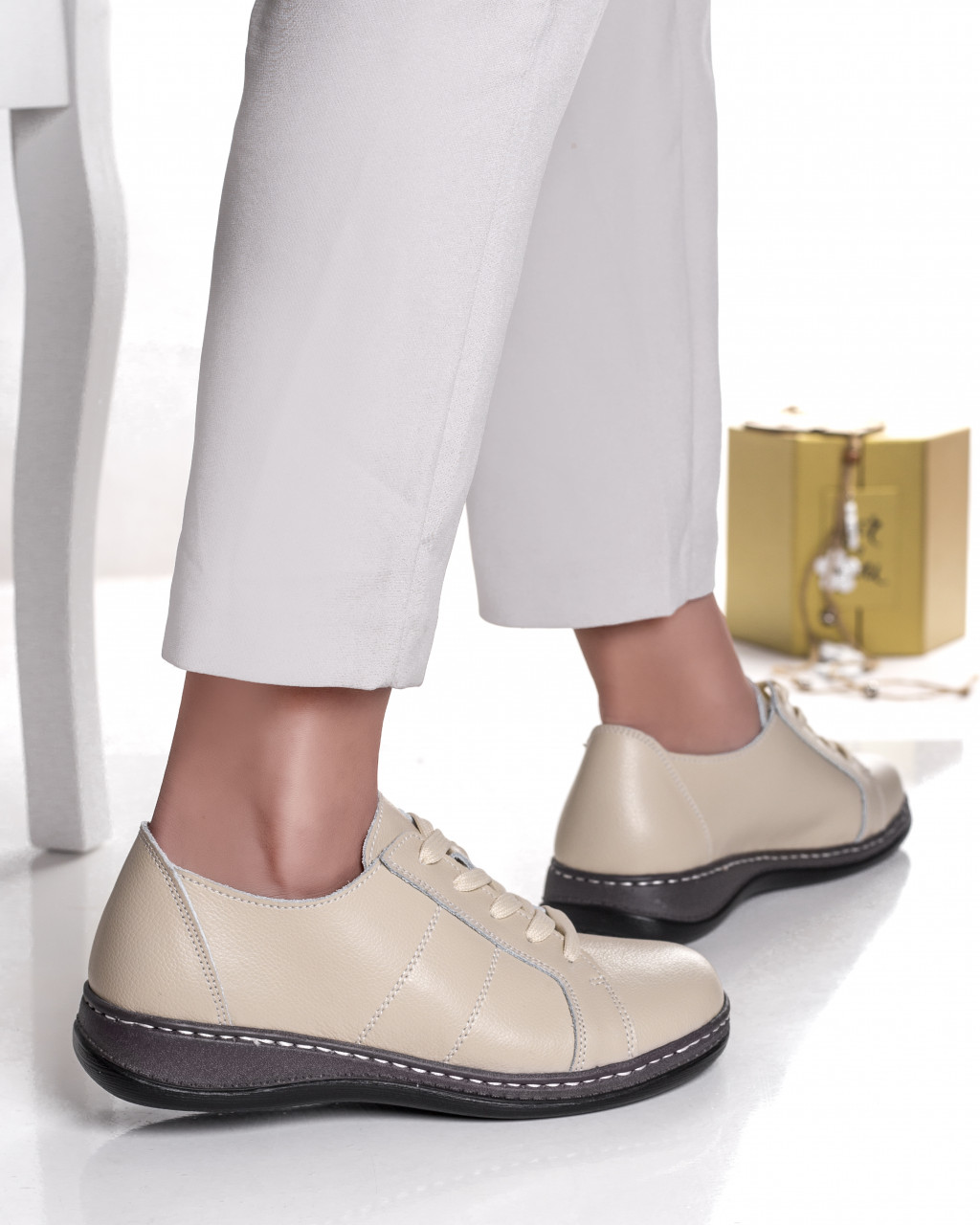 Pantofi dama casual bej din piele naturala bety - poza 2