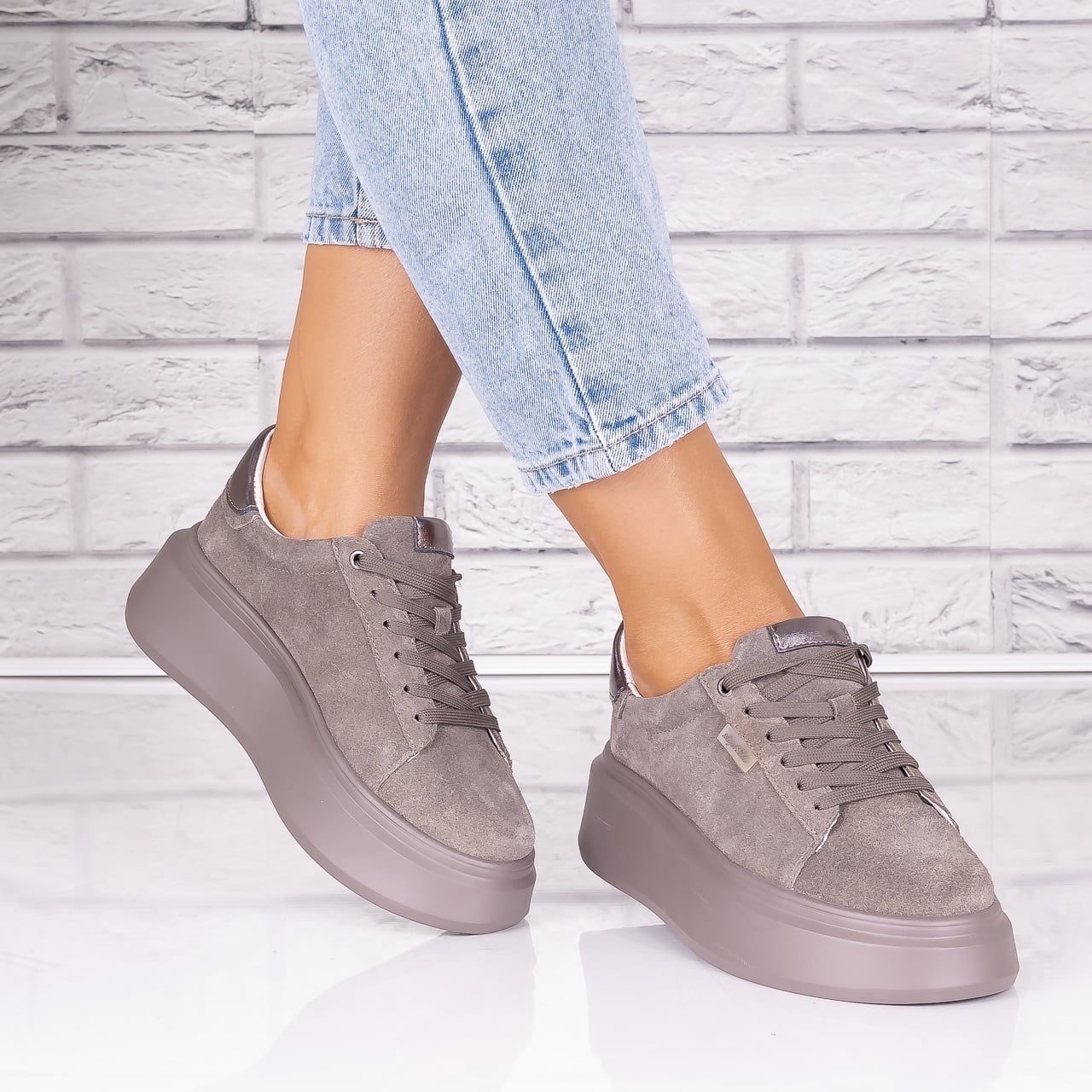 Pantofi dama casual kaki din Piele Naturala Intoarsa Alersa - poza 1
