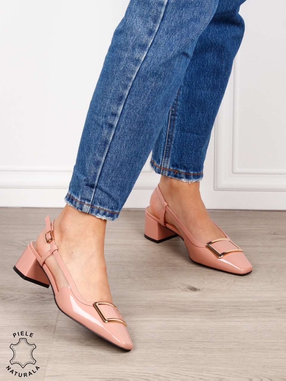 Pantofi dama eleganti din piele naturala cu toc gros mic CRL1615 Roz