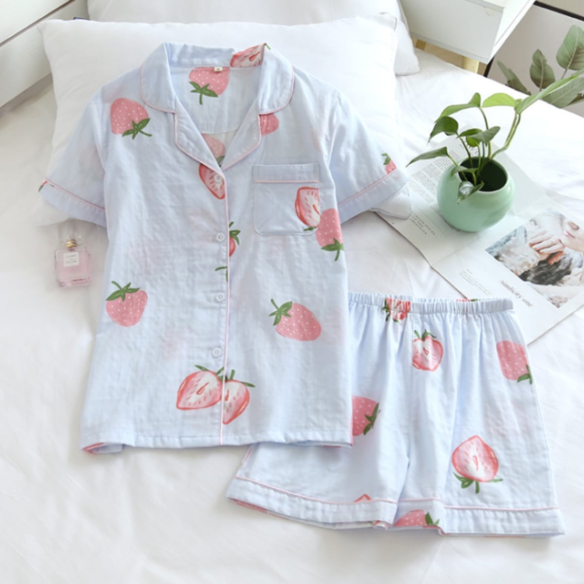 Pijama dama "Strawberry" din doua piese, PJ017, Albastru - poza 2
