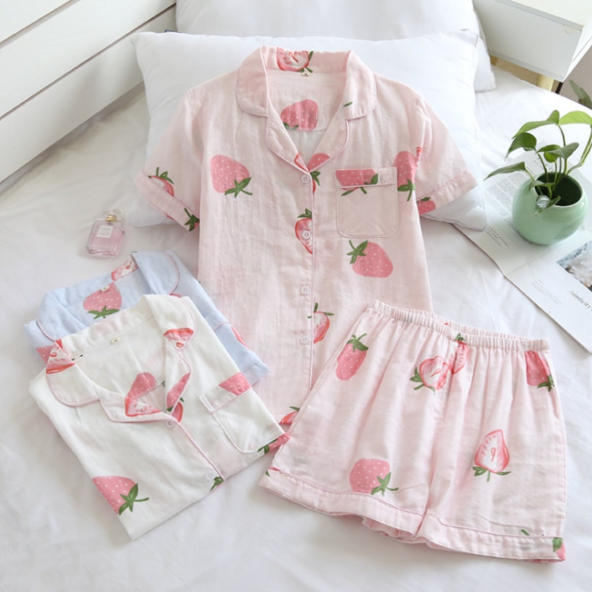 Pijama dama "Strawberry" din doua piese, PJ017, Albastru - poza 4