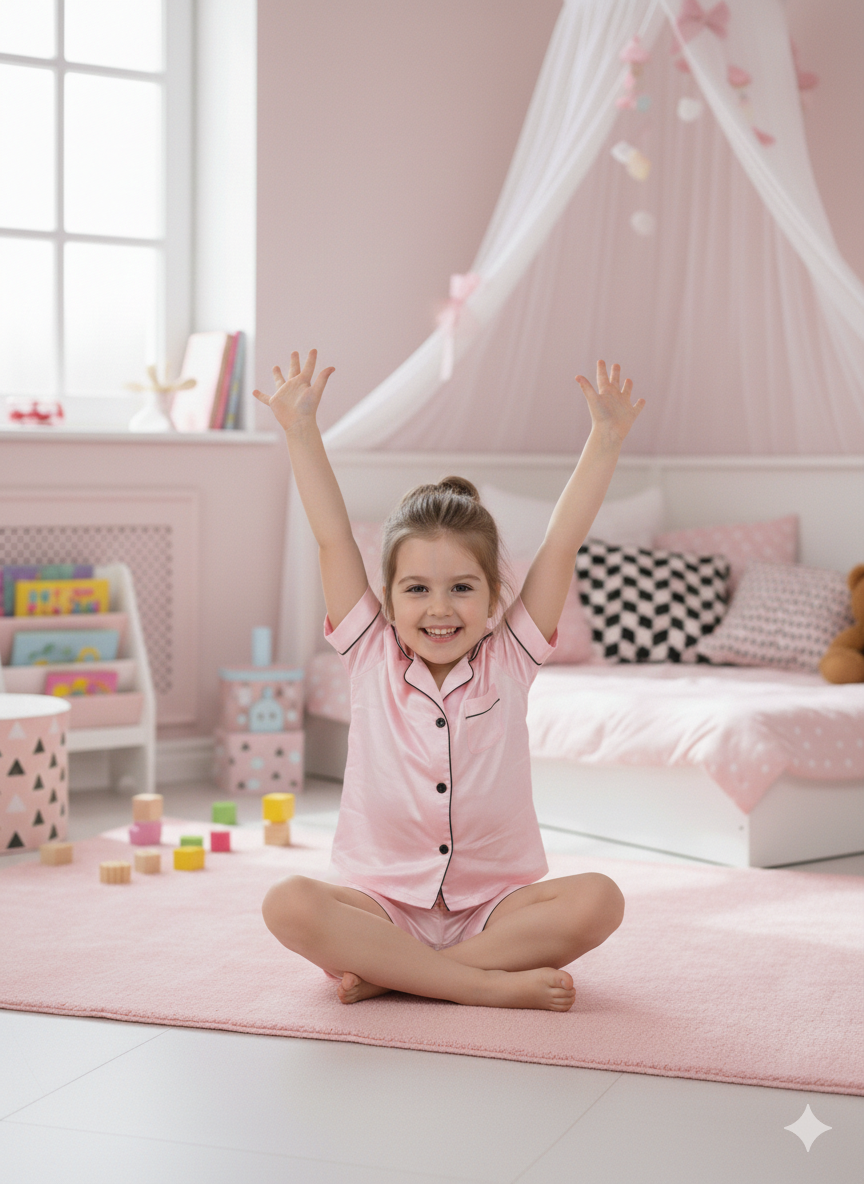 Pijama roz de vara model clasic din satin, pentru fete