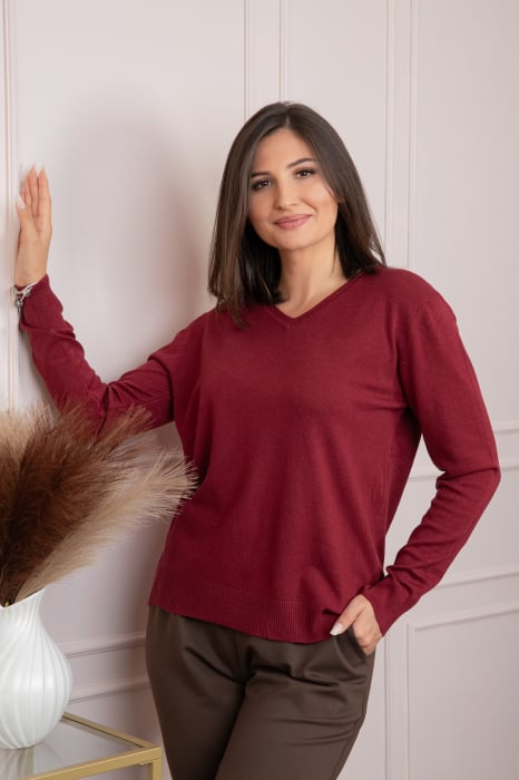Pulover dama grena cu casmir si decolteu in V Doreen