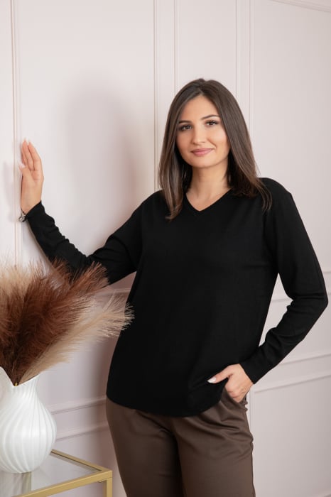Pulover dama negru cu casmir si decolteu in V Doreen