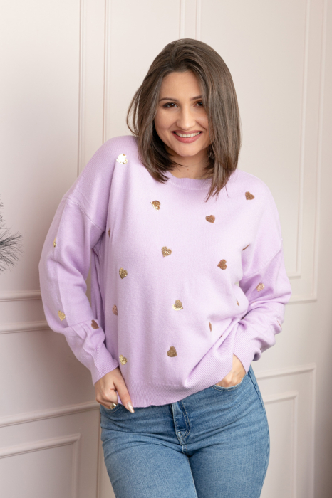 Pulover lila Riley cu inimioare din paiete aurii