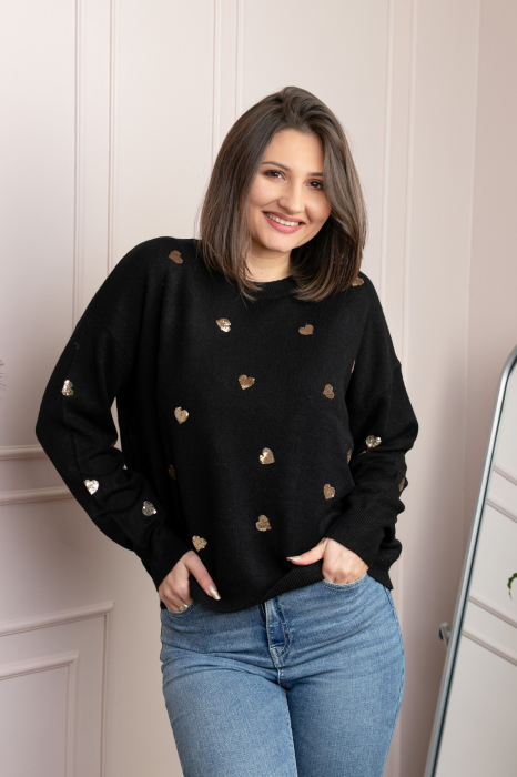 Pulover negru Riley cu inimioare din paiete aurii