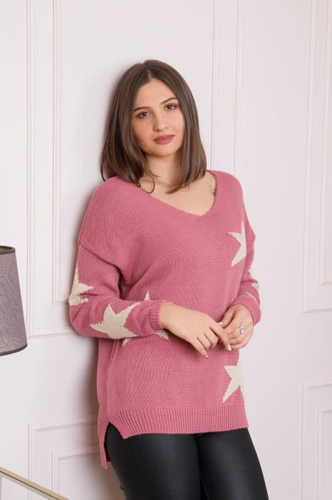 Pulover Stella roz cu stelute si decolteu in V