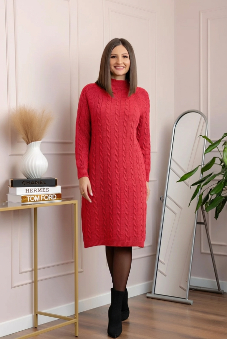 Pulover tricotat tip rochie Rachel cu maneci raglan - Rosu