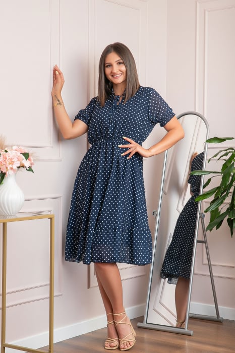 Rochie retro bleumarin Brenda cu buline si maneci bufante